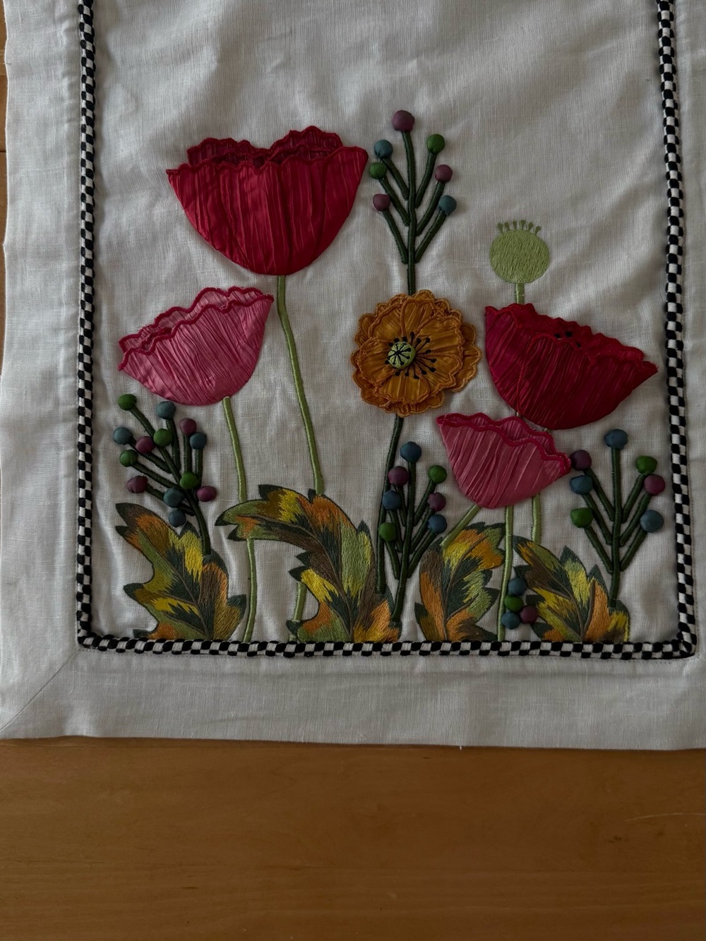 MacKenzie-Childs White Table Runner with Red & Pink Floral Embroidery